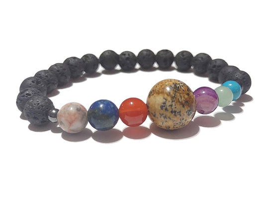 A colorful beaded bracelet with different gemstone beads in various sizes, representing the solar system. The rest of the bracelet has coarse black lava stone beads.