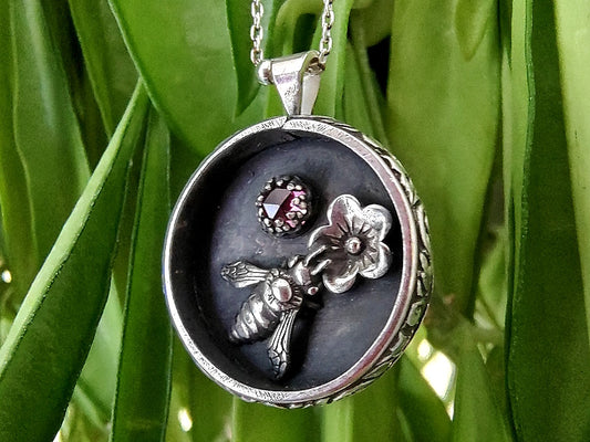 Sterling Bee Round Shadowbox Necklace | Handmade Silver Jewelry