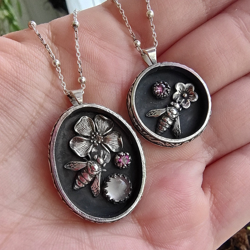 Sterling Bee Round Shadowbox Necklace | Handmade Silver Jewelry