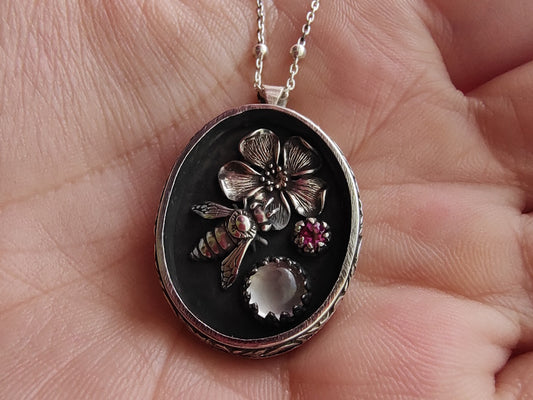 Sterling Bee Oval Shadowbox Necklace | Handmade Silver Jewelry
