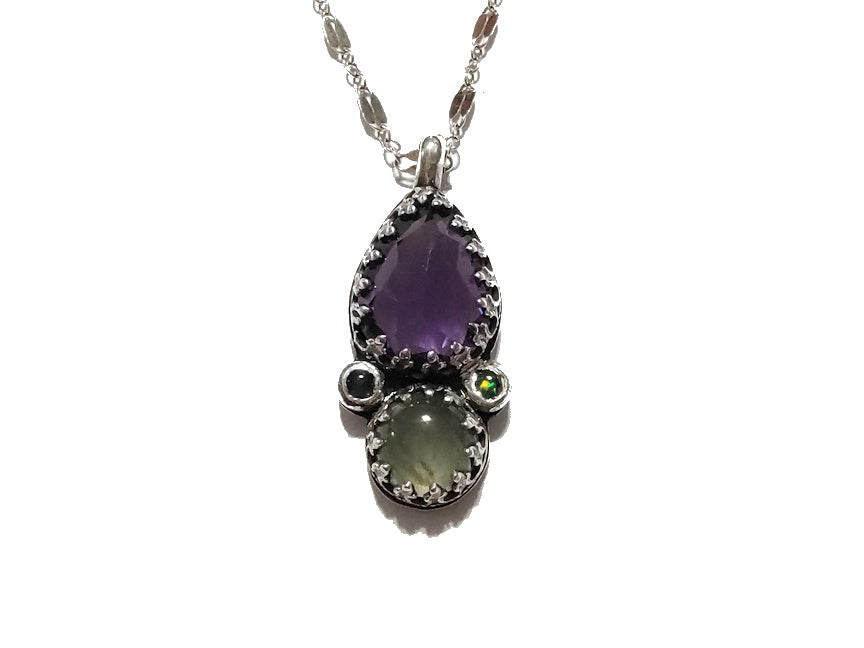 Peaceful Protection Pendant - Amethyst and Prehnite with Opals - Handmade - silversmithed - Ready to Ship - ValenwoodVixen