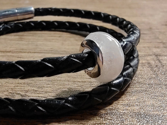Pet memorial bead on braded leather bracelet.