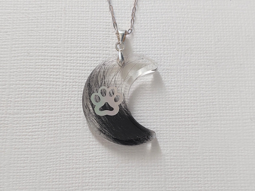 Moon and Paw Print Keepsake Necklace with Fur | Custom Memorial Jewelry