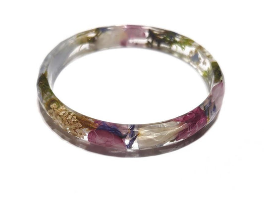 Garden Flower FACETED Bangle - Small/Med - Resin - Dried Moss and Flower Petals - Bangle - Nature Jewelry - Valenwood Vixen - Ready to Ship