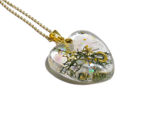 Celestial Rose Quartz Heart Necklace 1- Resin Necklace - Real Rose Quartz Crystals - Moons and Stars - Valenwood Vixen - Ready to Ship