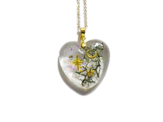 Celestial Rose Quartz Heart Necklace 2- Resin Necklace - Real Rose Quartz Crystals - Moons and Stars - Valenwood Vixen - Ready to Ship