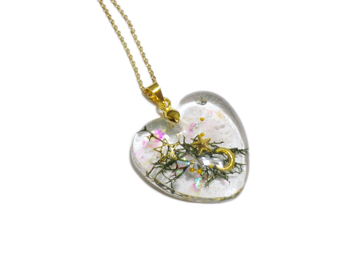 Celestial Rose Quartz Heart Necklace 1- Resin Necklace - Real Rose Quartz Crystals - Moons and Stars - Valenwood Vixen - Ready to Ship