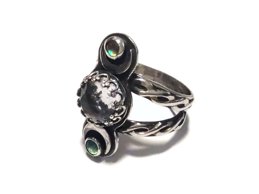 Celestial Phases Ring - Rosecut Quartz and Opals - sz 6 - Handmade Ring - Sterling Silver- Quartz and Opal - ValenwoodVixen - Ready to Ship