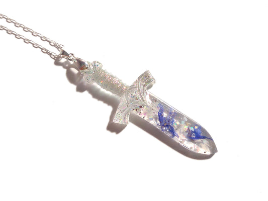 She is Mightier - Cornflower, Rose Quartz, Opal Sword Necklace - Handcrafted Resin - Nature Jewelry - Valenwood Vixen