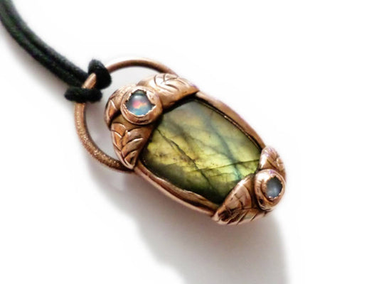 Labradorite and Copper Forest Pendant- Opal Triplets, Labradorite, Copper- Copper Electroform - - ValenwoodVixen - Ready to Ship