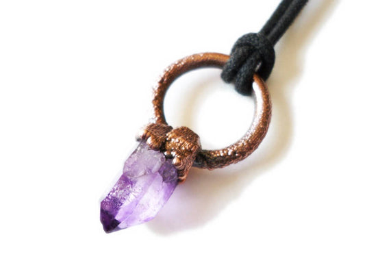 Tiny Crystal Drop Pendant - Amethyst and Copper Growth- Electroformed Jewelry - Raw Copper - Crystal Point- ValenwoodVixen - Ready to Ship