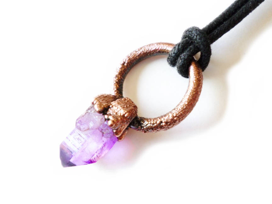 Tiny Crystal Drop Pendant - Amethyst and Copper Growth- Electroformed Jewelry - Raw Copper - Crystal Point- ValenwoodVixen - Ready to Ship
