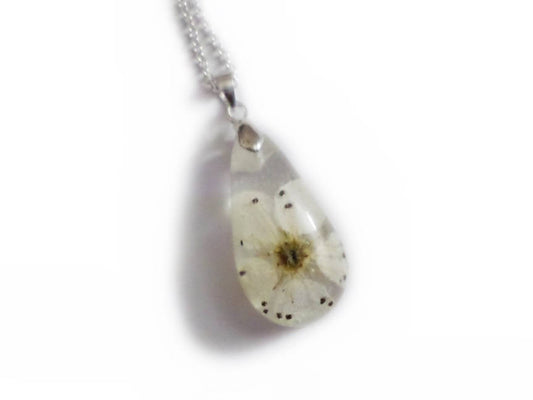 White Pear Blossom Drop Necklace- Resin Necklace - Real Dried Flowers - Nature Jewelry - Valenwood Vixen - Ready to Ship