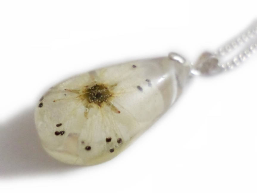 White Pear Blossom Drop Necklace- Resin Necklace - Real Dried Flowers - Nature Jewelry - Valenwood Vixen - Ready to Ship