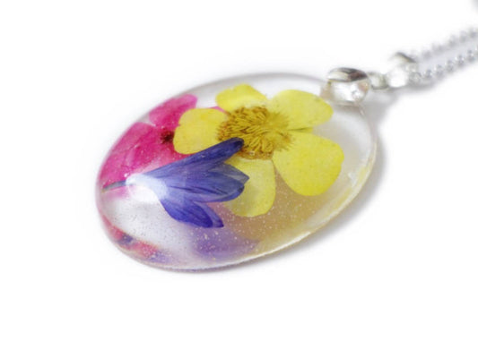 Colorful Flower Resin Necklace - Nature - Real Flowers - Nature Jewelry - Verbena, Daisy- Valenwood Vixen - Ready to Ship