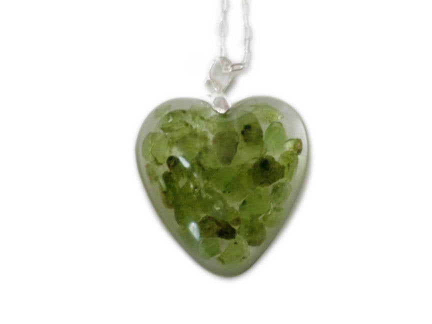 Raw Green Peridot Heart Necklace- Resin Necklace - Real Peridot Crystals - Nature - Valenwood Vixen - Ready to Ship