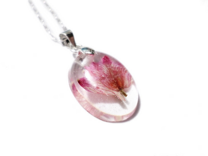 Real Pressed Flower Necklace - PInk Delphinium Flower - Resin Flower Necklace -Flower Pendant - Botanical Jewelry - Preserved Flower