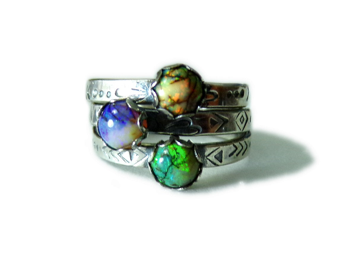 Hand Stamped Sterling Opal Ring - sz 6.75- Blue- -Stacking RIng - sterling silver- Opal Jewelry - ValenwoodVixen - Ready to Ship