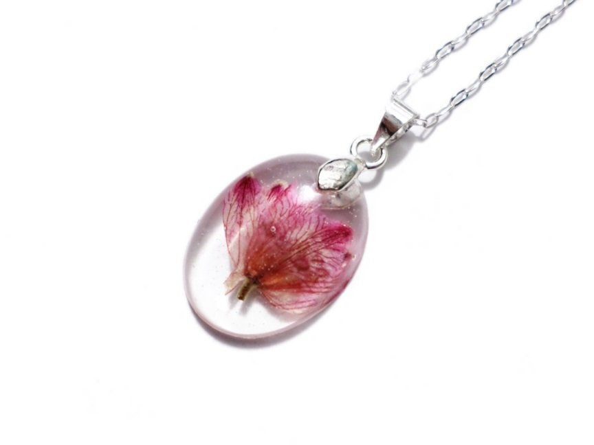 Real Pressed Flower Necklace PInk Delphinium Flower Resin