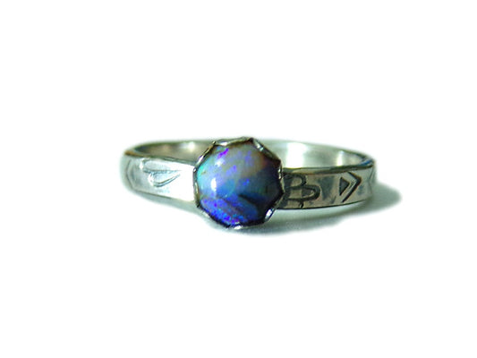 Hand Stamped Sterling Opal Ring - sz 6.75- Blue- -Stacking RIng - sterling silver- Opal Jewelry - ValenwoodVixen - Ready to Ship