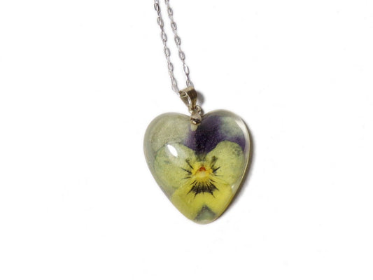 Pansy Necklace - Real Flower Necklace - Pansy in Yellow, white & purple- Flower Pendant - Silver Flower Necklace - Heart - ValenwoodVixen