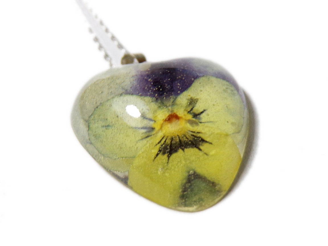 Pansy Necklace - Real Flower Necklace - Pansy in Yellow, white & purple- Flower Pendant - Silver Flower Necklace - Heart - ValenwoodVixen
