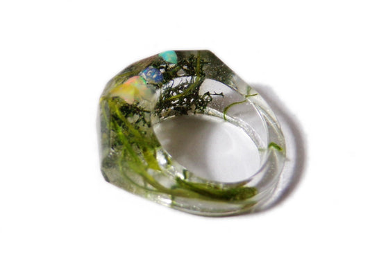 Chunky Ring- size 6 - Resin with Dried Moss, opal chips - Green Earthy- Botanical Jewelry - ValenwoodVixen - Made to Order