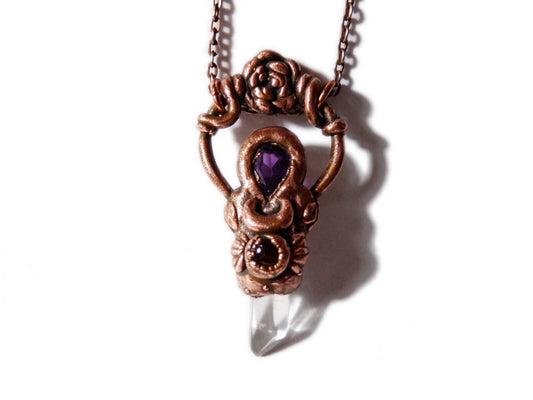 Moon Garden Pendant - Crystals and Copper - Electroformed - Raw Copper - Amethyst, Garnet, Quartz - Crystal - ValenwoodVixen - Ready to Ship
