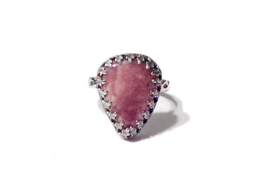 Rhodochrosite Solitaire - sz 7.25 - Pink Ring - Pear shaped- Crystal Jewelry - Sterling Silver - Ready to ship - ValenwoodVixen