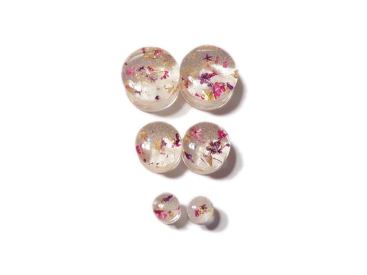 Blossoming Ear Plugs - Ear Tunnels - Choose your size - Handmade Body Jewelry - Flowers - Gold Flake - ValenwoodVixen - Ready to Ship