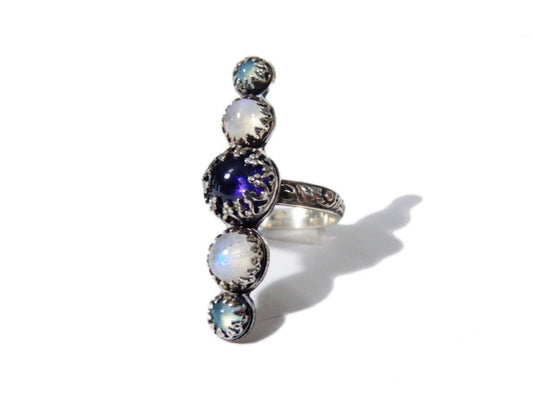 Sorceress Ring no.3 - Size 7.5- Iolite, Moonstone, Chalcedony- Statement Navette Ring - Handmade - Sterling - ValenwoodVixen - Ready to Ship
