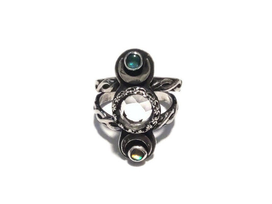 Celestial Phases Ring - Rosecut Quartz and Opals - sz 6 - Handmade Ring - Sterling Silver- Quartz and Opal - ValenwoodVixen - Ready to Ship