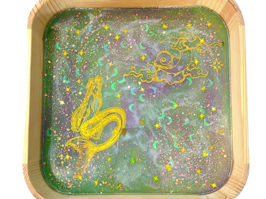 Midnight Mermaid Tray - Wood & Resin - 10x10- Handcrafted, Unique gift, Dice Tray, Home Decor- Resin Art - ValenwoodVixen - Ready to Ship