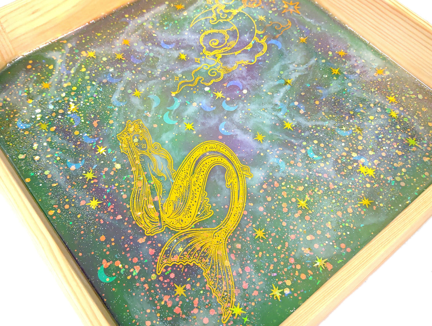 Midnight Mermaid Tray - Wood & Resin - 10x10- Handcrafted, Unique gift, Dice Tray, Home Decor- Resin Art - ValenwoodVixen - Ready to Ship