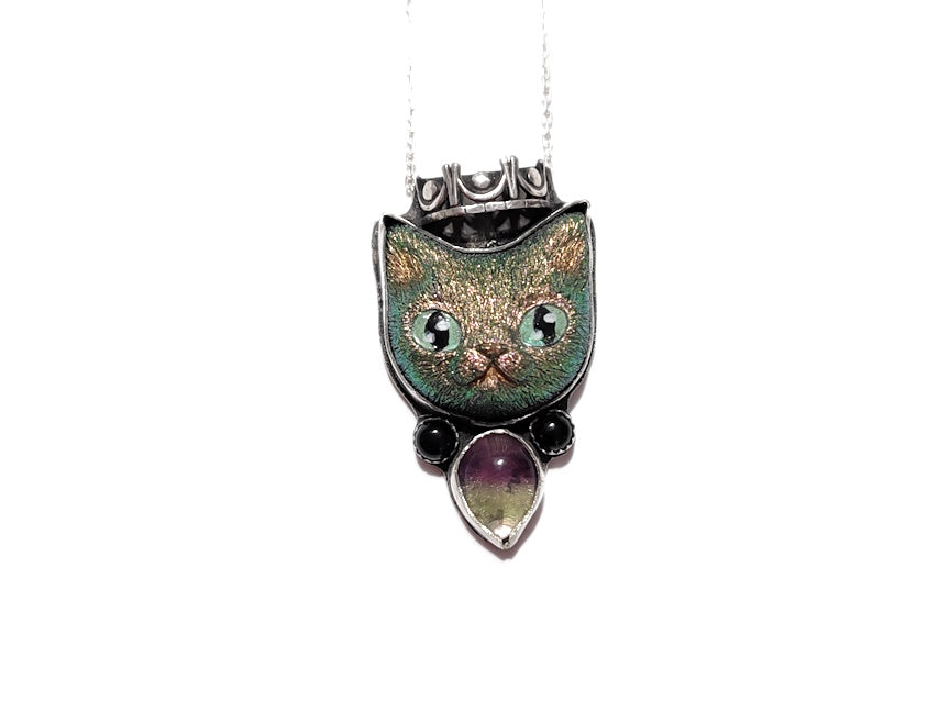 Kitty Queen Necklace - Handpainted Resin Fluorite Obsidian - Handmade - silversmithed - Ready to Ship - ValenwoodVixen