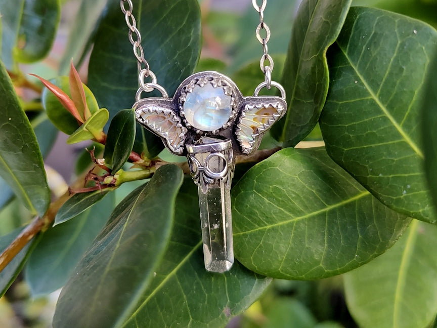 Magical Girl Scepter Sterling Necklace | Moonstone, Quartz, Abalone | Handcrafted Silver Jewelry | ValenwoodVixen