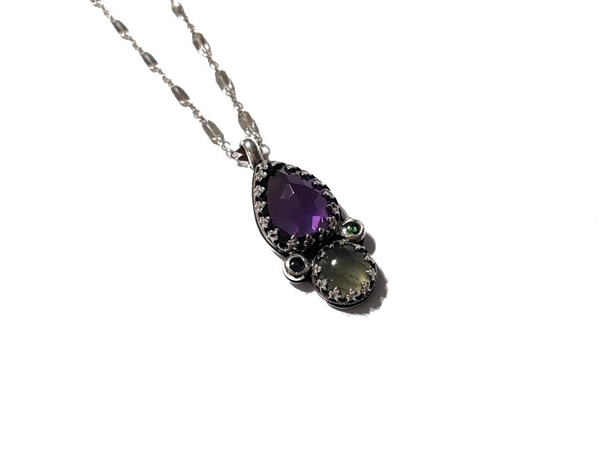 Peaceful Protection Pendant - Amethyst and Prehnite with Opals - Handmade - silversmithed - Ready to Ship - ValenwoodVixen