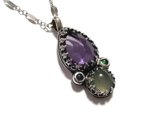 Peaceful Protection Pendant - Amethyst and Prehnite with Opals - Handmade - silversmithed - Ready to Ship - ValenwoodVixen
