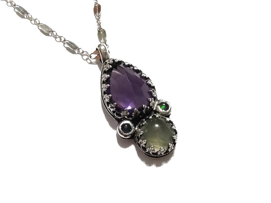 Peaceful Protection Pendant - Amethyst and Prehnite with Opals - Handmade - silversmithed - Ready to Ship - ValenwoodVixen