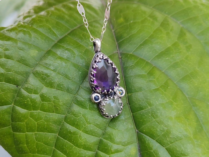 Peaceful Protection Pendant - Amethyst and Prehnite with Opals - Handmade - silversmithed - Ready to Ship - ValenwoodVixen