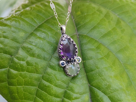 Peaceful Protection Pendant - Amethyst and Prehnite with Opals - Handmade - silversmithed - Ready to Ship - ValenwoodVixen