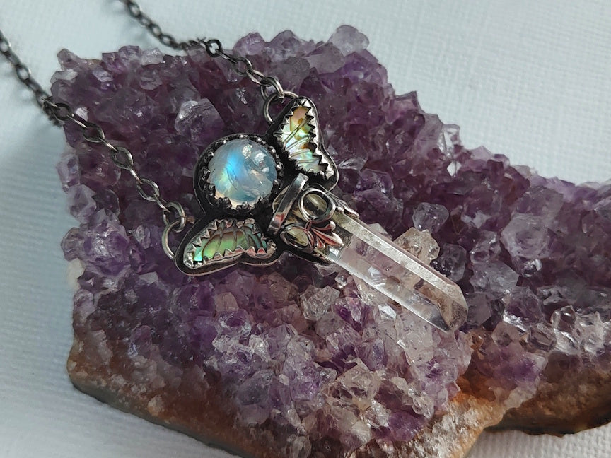 Magical Girl Scepter Sterling Necklace | Moonstone, Quartz, Abalone | Handcrafted Silver Jewelry | ValenwoodVixen