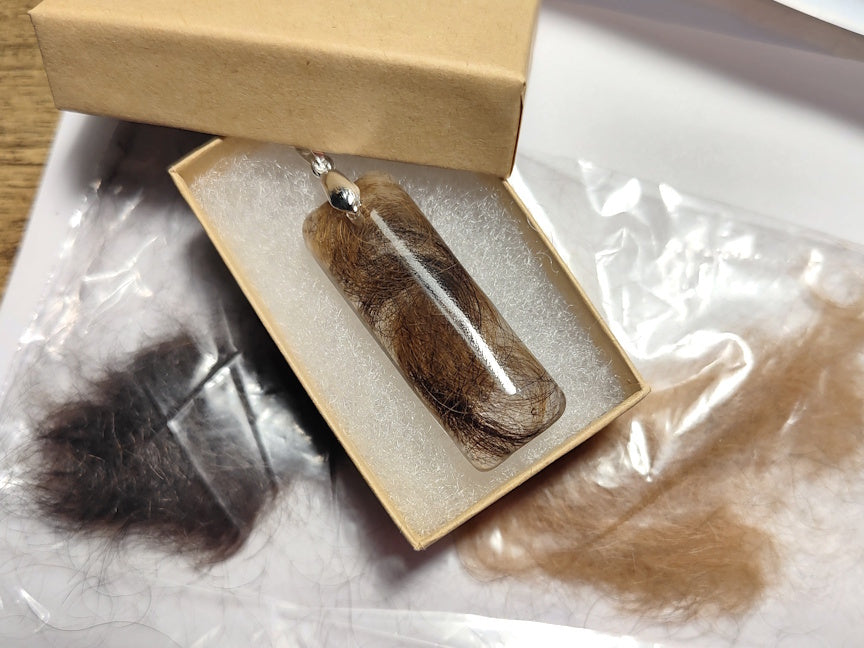 Pet hair keepsake necklace in gift box.