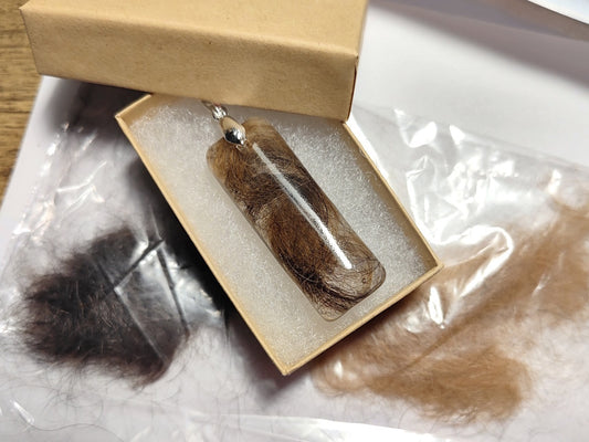 Pet hair keepsake necklace in gift box.