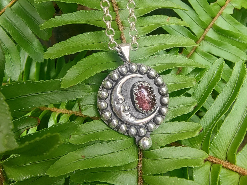Moon and Pink Tourmaline Necklace | Handmade Silver Jewelry