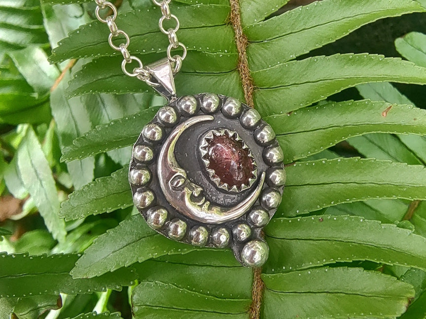 Moon and Pink Tourmaline Necklace | Handmade Silver Jewelry