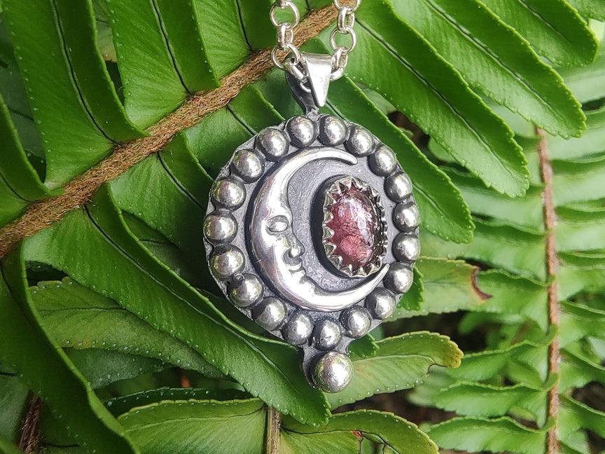 Moon and Pink Tourmaline Necklace | Handmade Silver Jewelry
