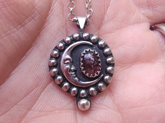 Moon and Pink Tourmaline Necklace | Handmade Silver Jewelry