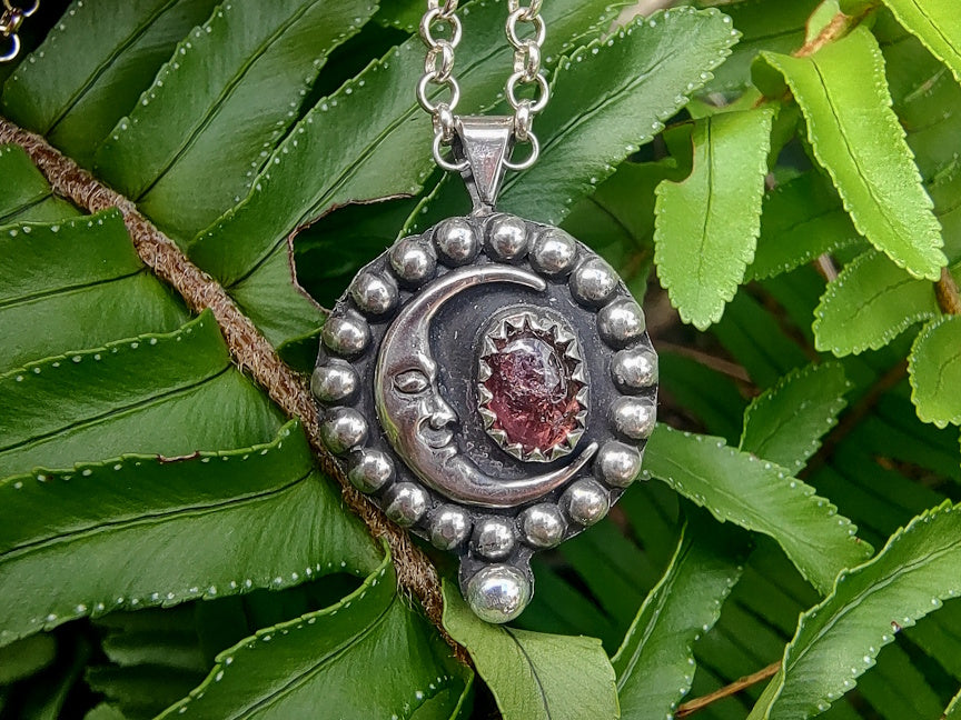 Moon and Pink Tourmaline Necklace | Handmade Silver Jewelry
