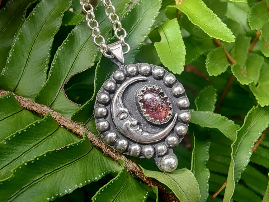 Moon and Pink Tourmaline Necklace | Handmade Silver Jewelry